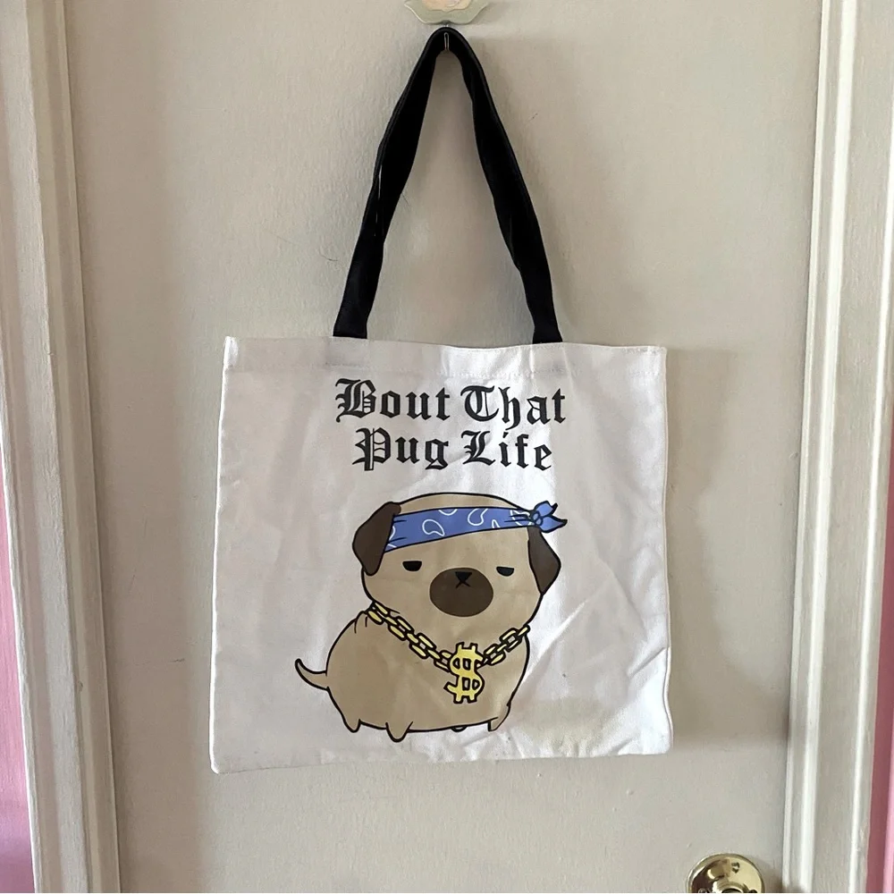 ‘Bout That Pug Life Funny Dog Print White and Black Tote Bag